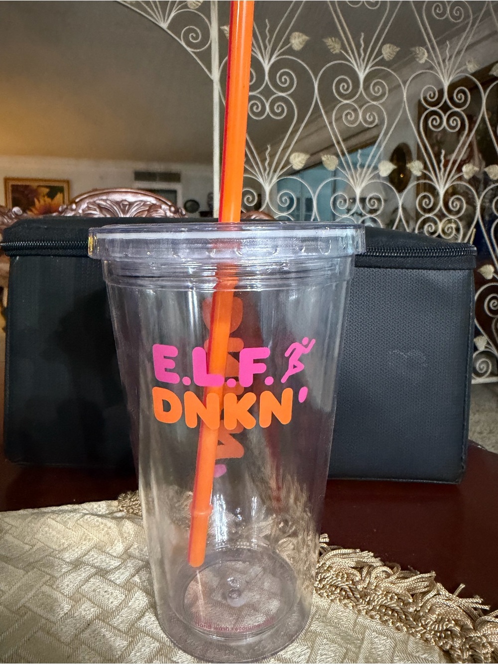 Elf Dunkin' Clear Reusable Tumbler with Orange Straw